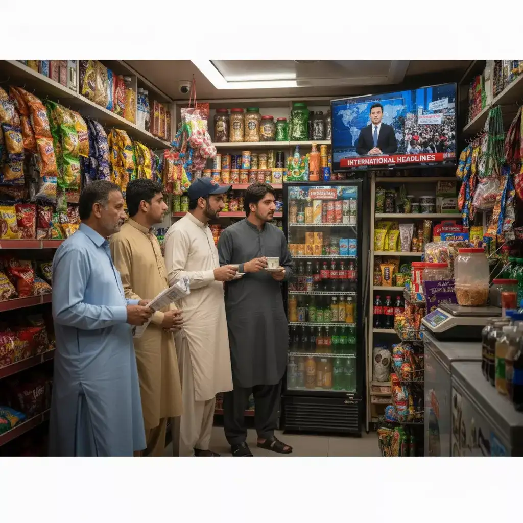 men watching pakistani news channel on shop