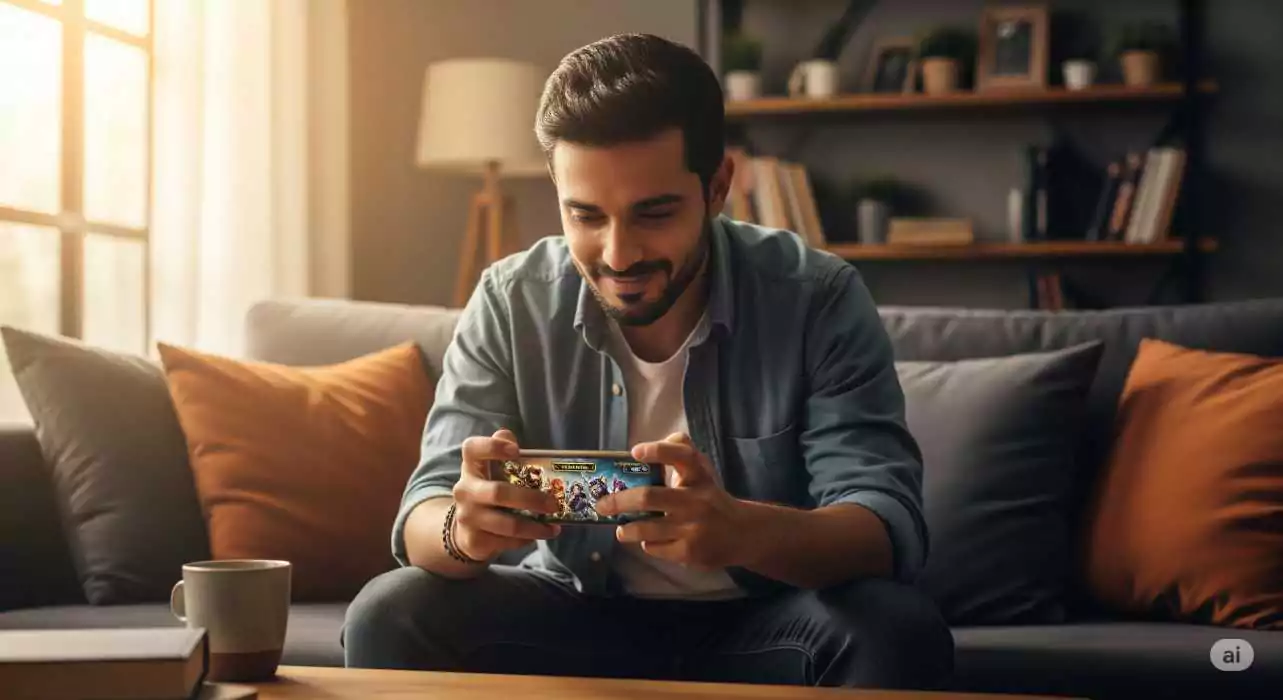 Boy playing game on mobile