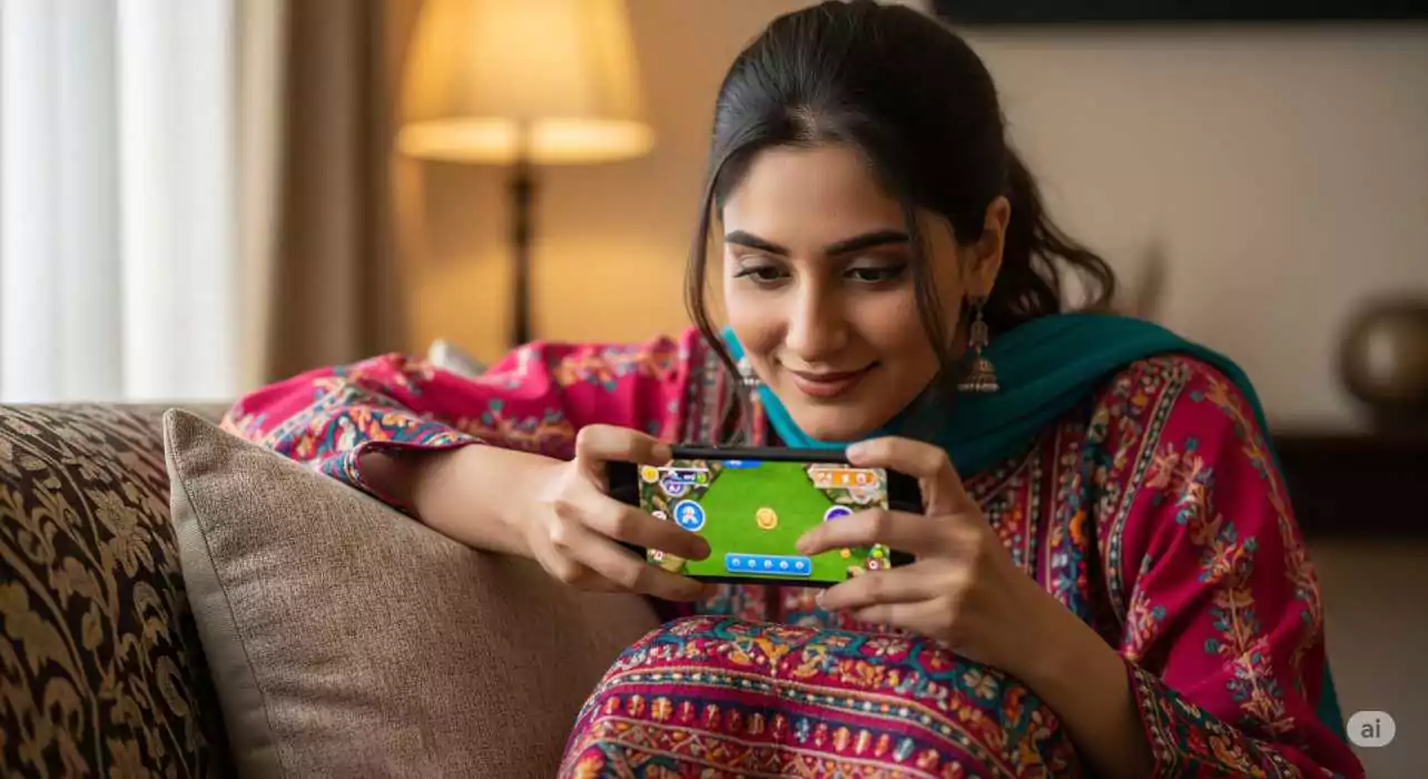 pakistani girl playing game on mobile