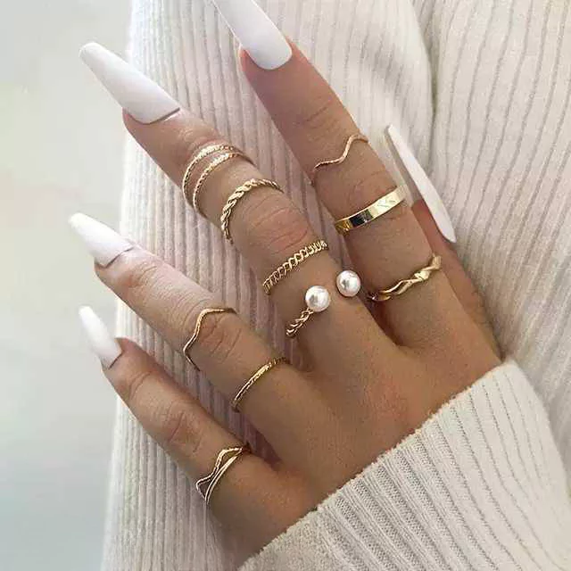 10 Pcs Trendy Golden Ring Set Fo