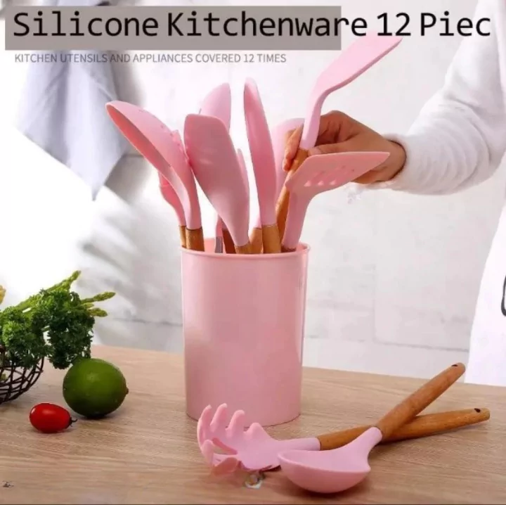 12 Pcs Silicon Spatula Spoon Set Pink