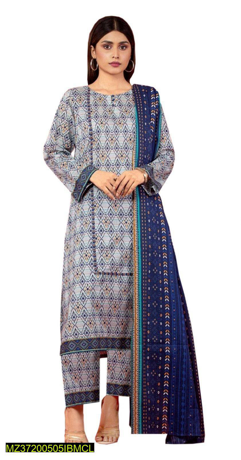 3 Piece Women Unstitched Linen Printed Suit