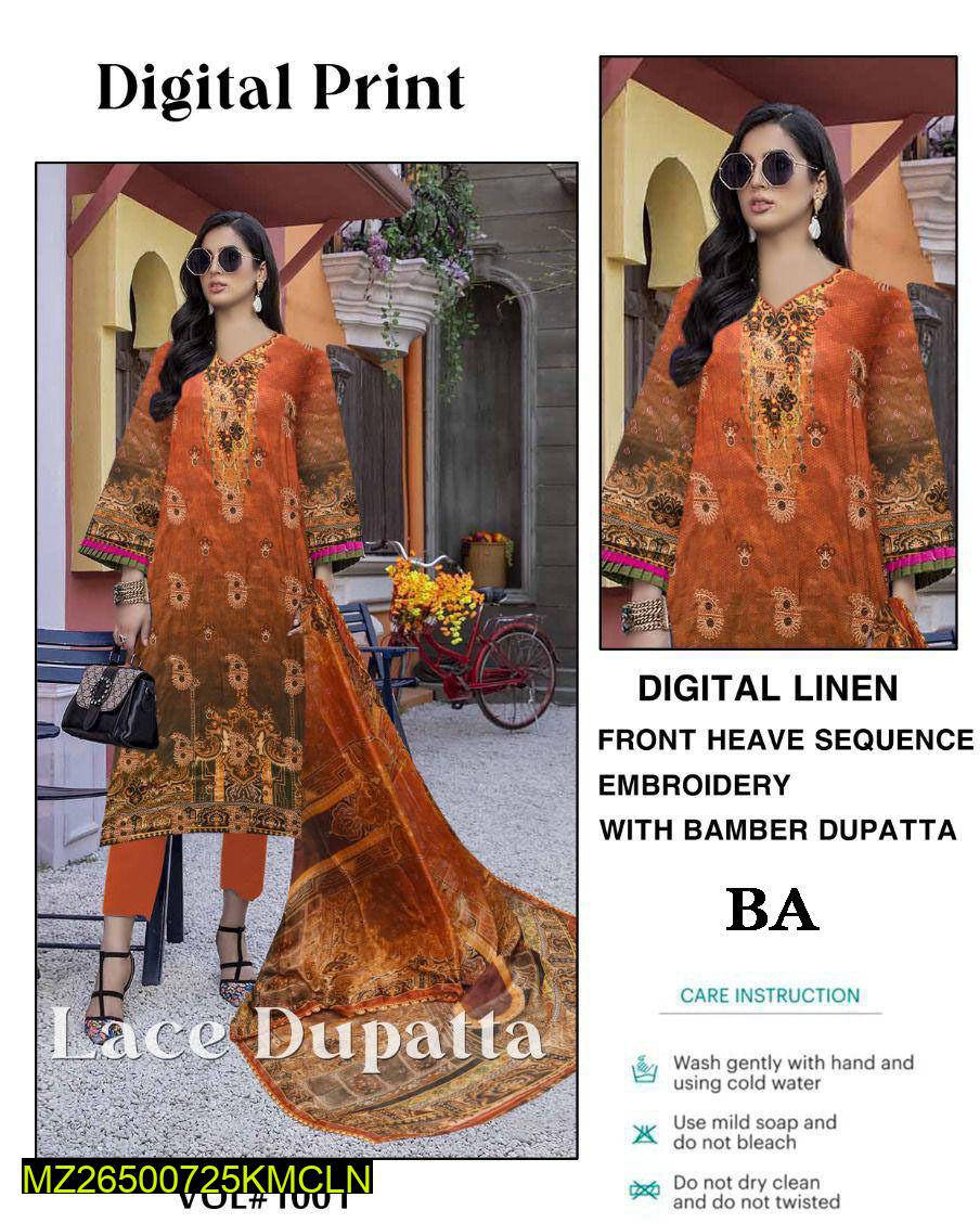 3 Piece Women Unstitched Linen Embriodered Suit