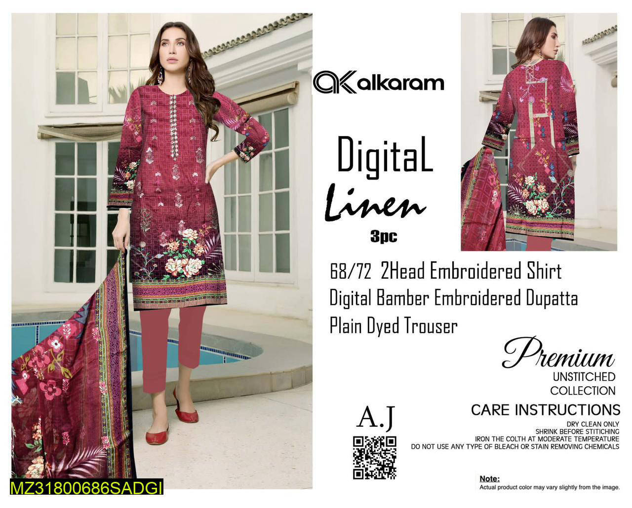 3 Piece Women Unstitched Linen Embriodered Suit