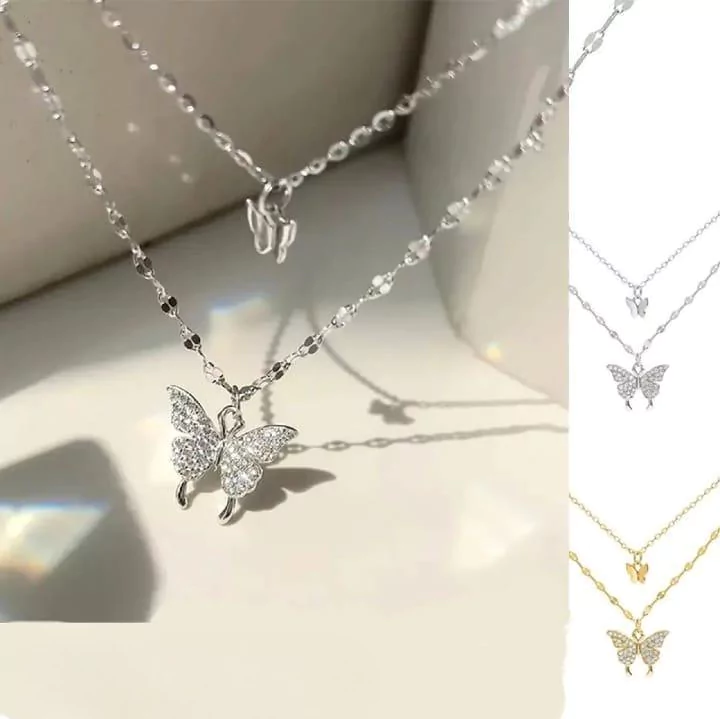 2 Layered Butterfly Charm Pendant Necklace