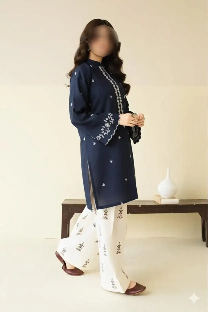 2 Pcs Blue Embroidered Lawn Shirt & Cotton Trouser Set