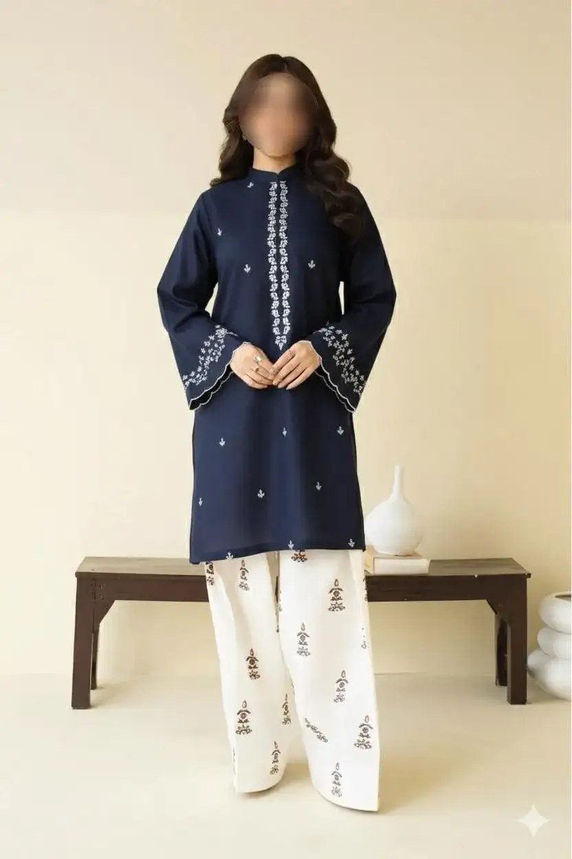 2 Pcs Blue Embroidered Lawn Shirt & Cotton Trouser Set