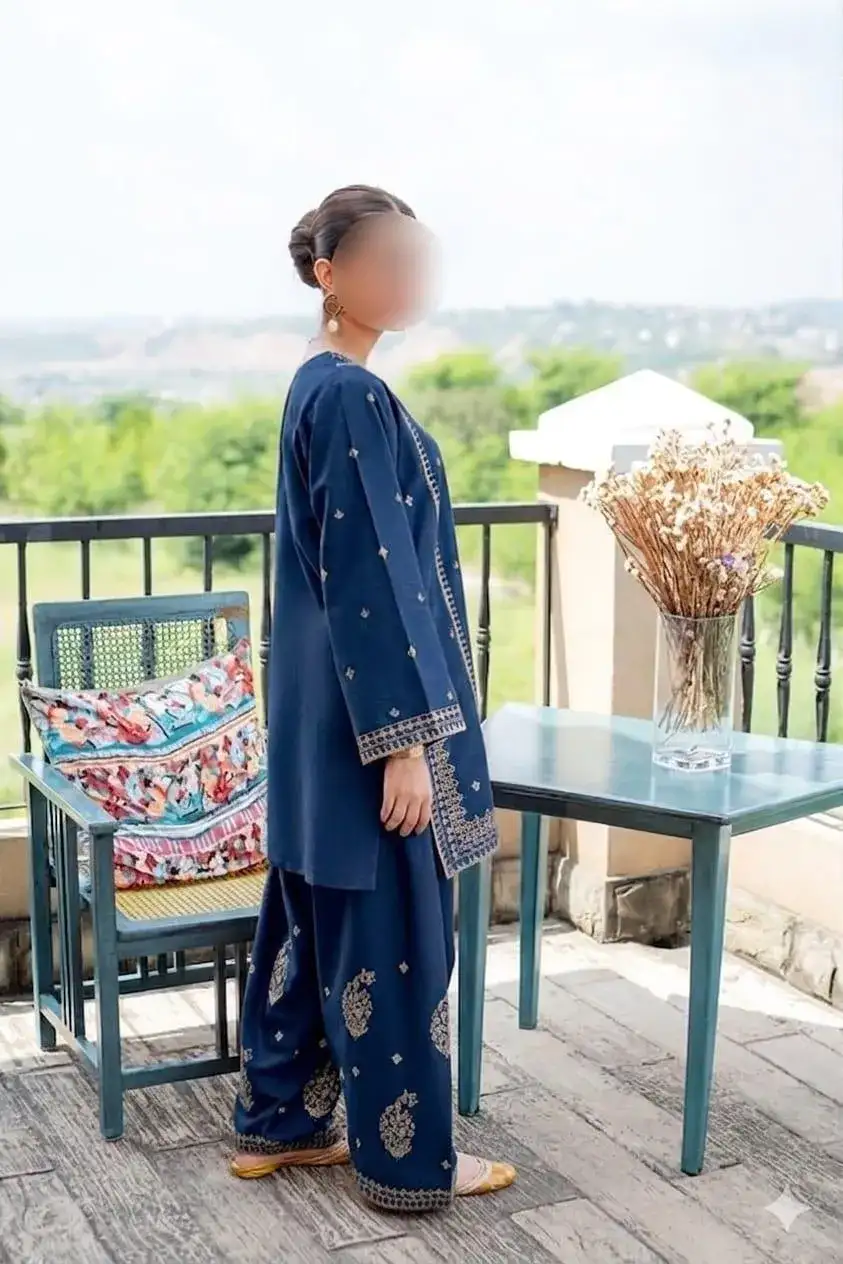 2 Pcs Blue Embroidered Lawn Shirt & Cotton Trouser Set VW945