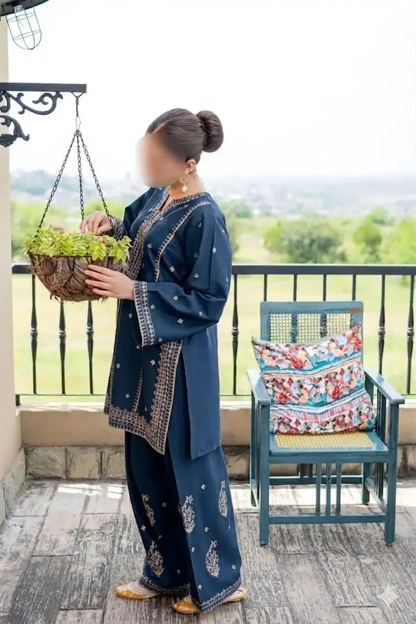 2 Pcs Blue Embroidered Lawn Shirt & Cotton Trouser Set VW945