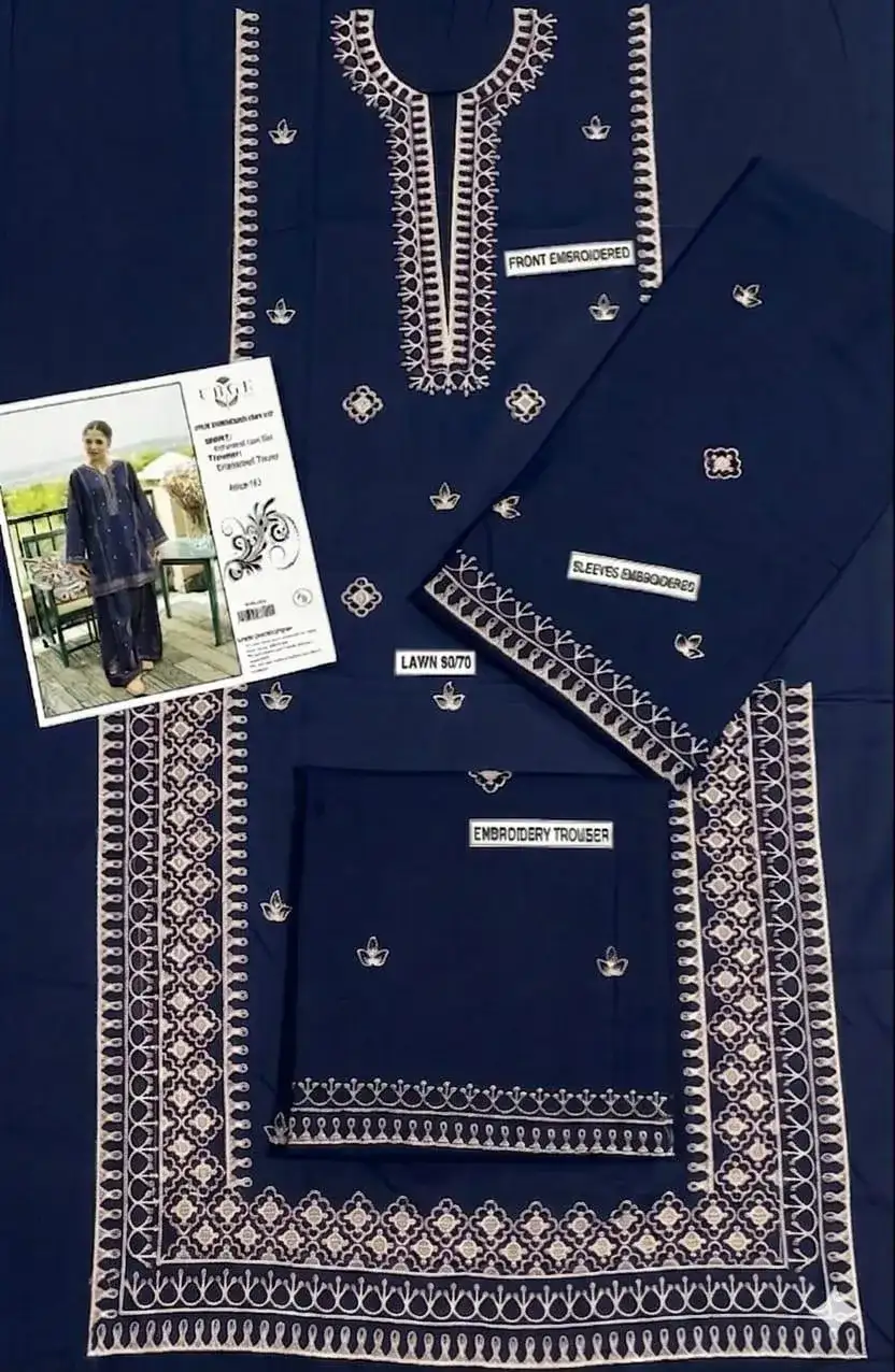 2 Pcs Blue Embroidered Lawn Shirt & Cotton Trouser Set VW945