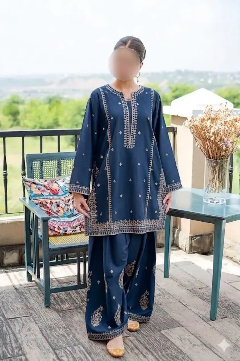 2 Pcs Blue Embroidered Lawn Shirt & Cotton Trouser Set VW945