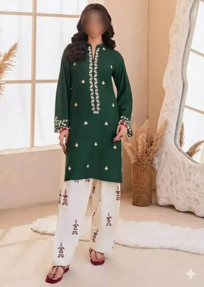 2 Pcs Green Embroidered Lawn Shirt & Cotton Trouser Set