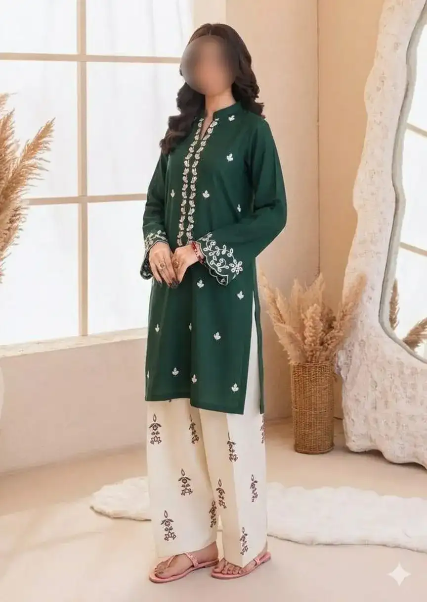 2 Pcs Green Embroidered Lawn Shirt & Cotton Trouser Set