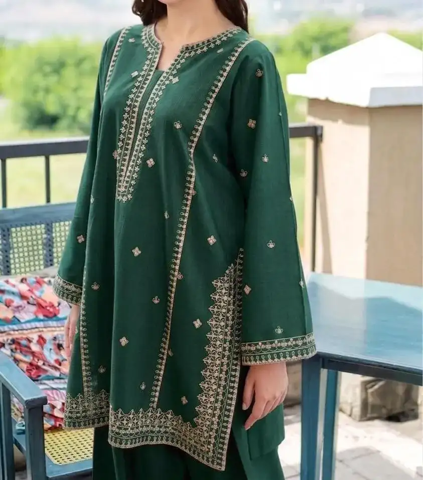 2 Pcs Green Embroidered Lawn Shirt & Cotton Trouser Set VW944