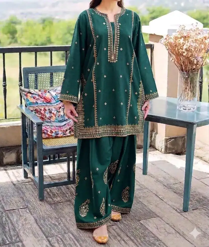 2 Pcs Green Embroidered Lawn Shirt & Cotton Trouser Set VW944