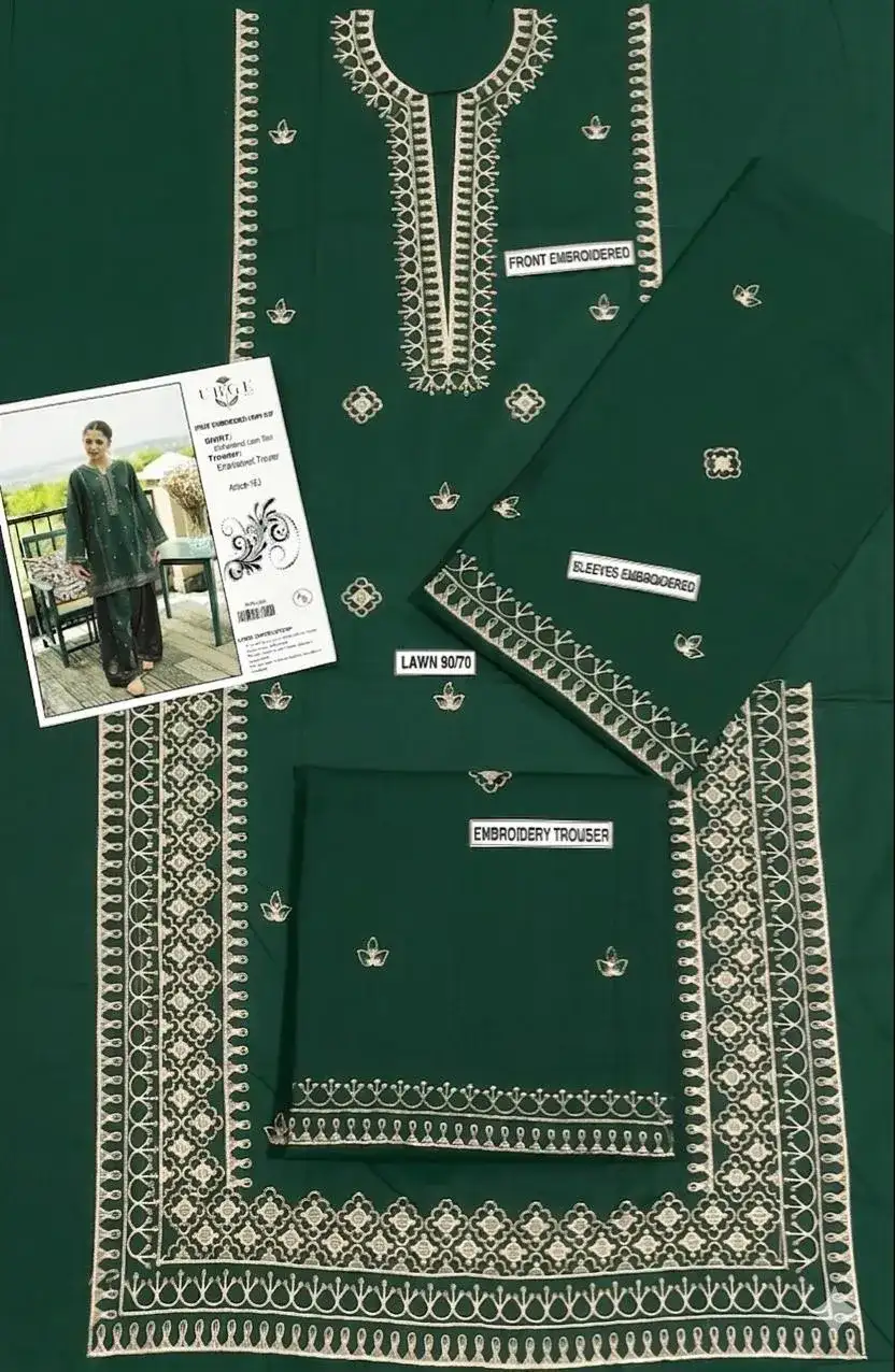 2 Pcs Green Embroidered Lawn Shirt & Cotton Trouser Set VW944