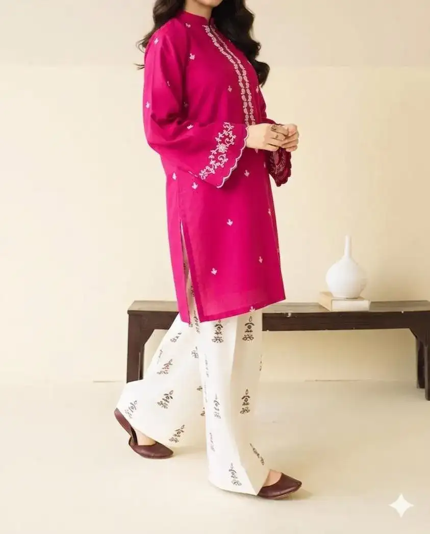 2 Pcs Pink Embroidered Lawn Shirt & Cotton Trouser Set