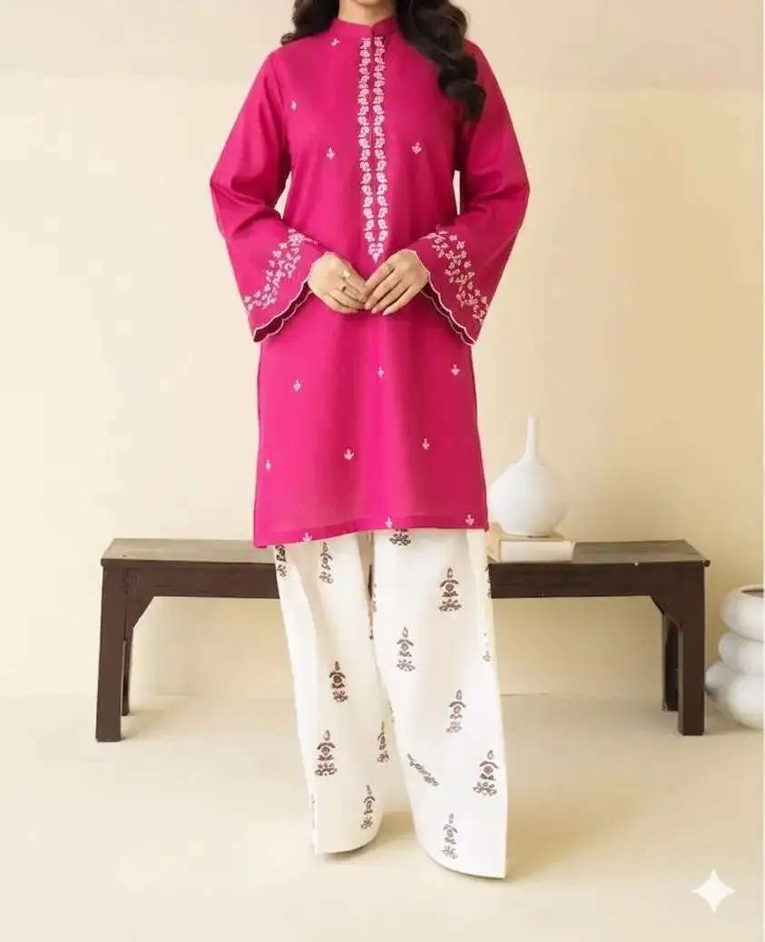 2 Pcs Pink Embroidered Lawn Shirt & Cotton Trouser Set