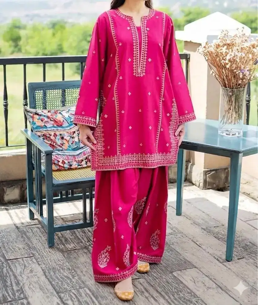 2 Pcs Pink Embroidered Lawn Shirt & Cotton Trouser Set VW943