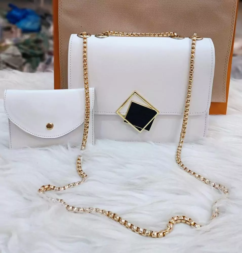 2 Pcs PU Leather Handbag With Long Golden Chain For Girls