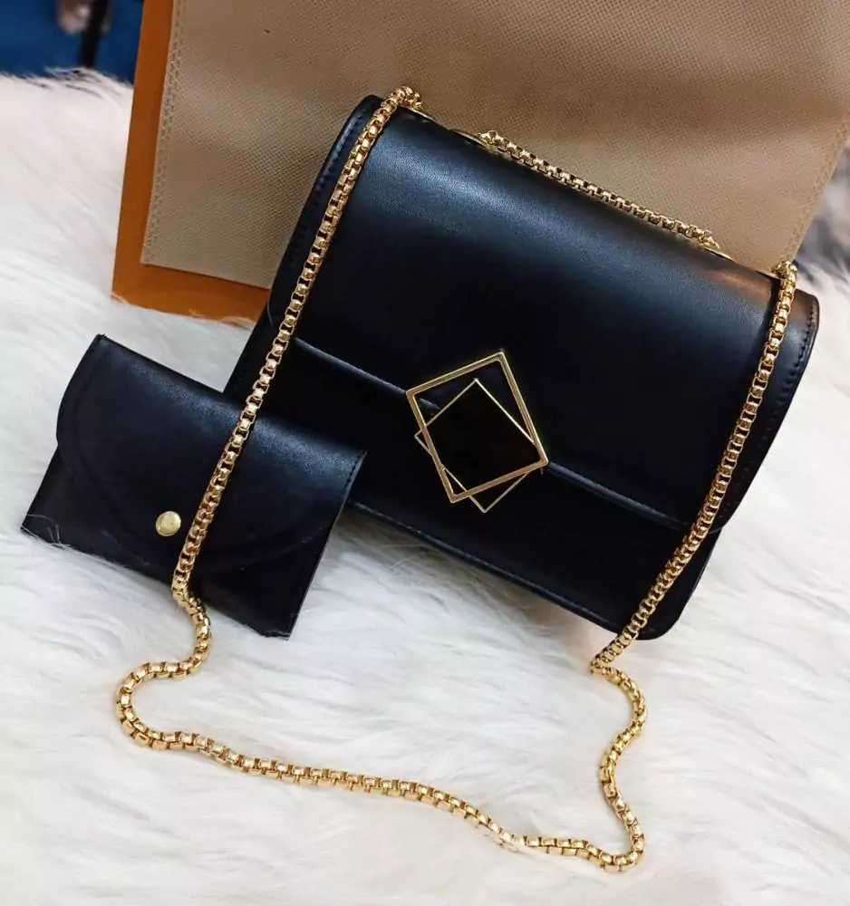 2 Pcs PU Leather Handbag With Long Golden Chain For Girls