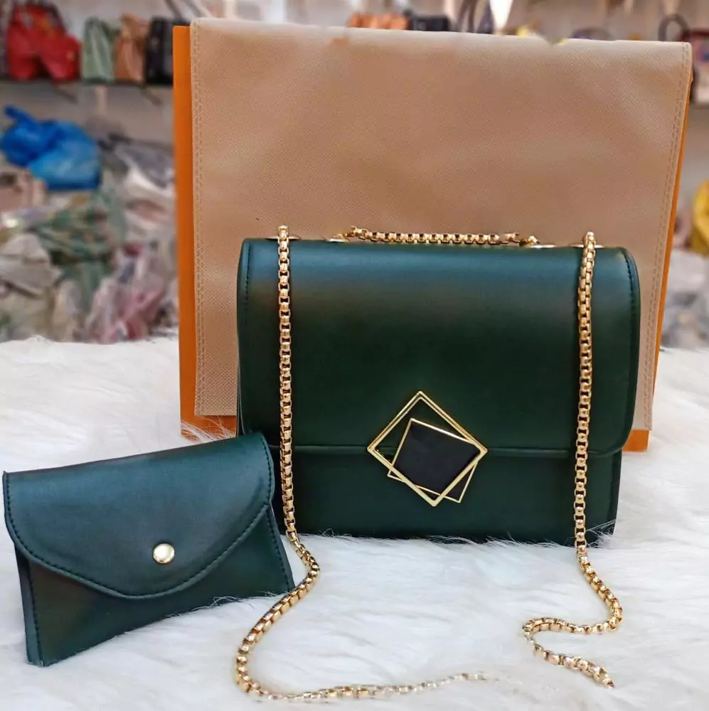 2 Pcs PU Leather Handbag With Long Golden Chain For Girls