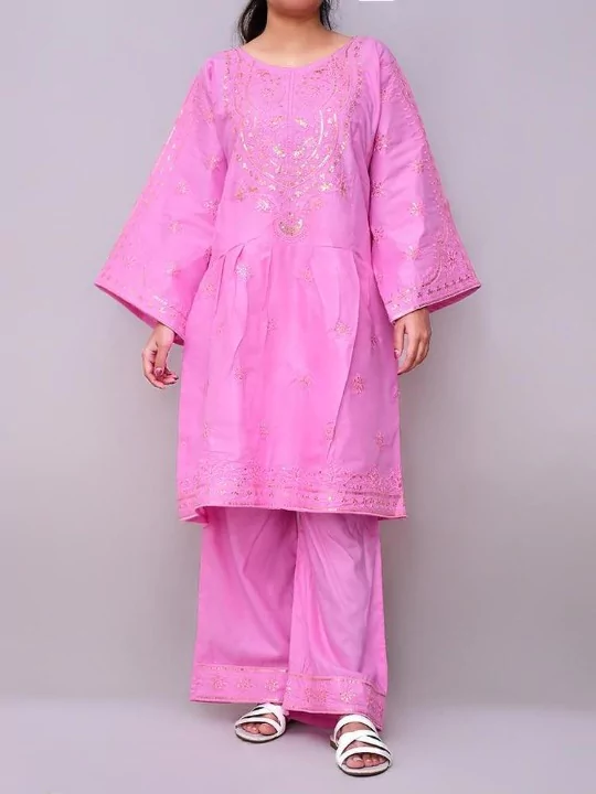 2 Pcs Stitched Linen Embroidered Frock Suit For Women