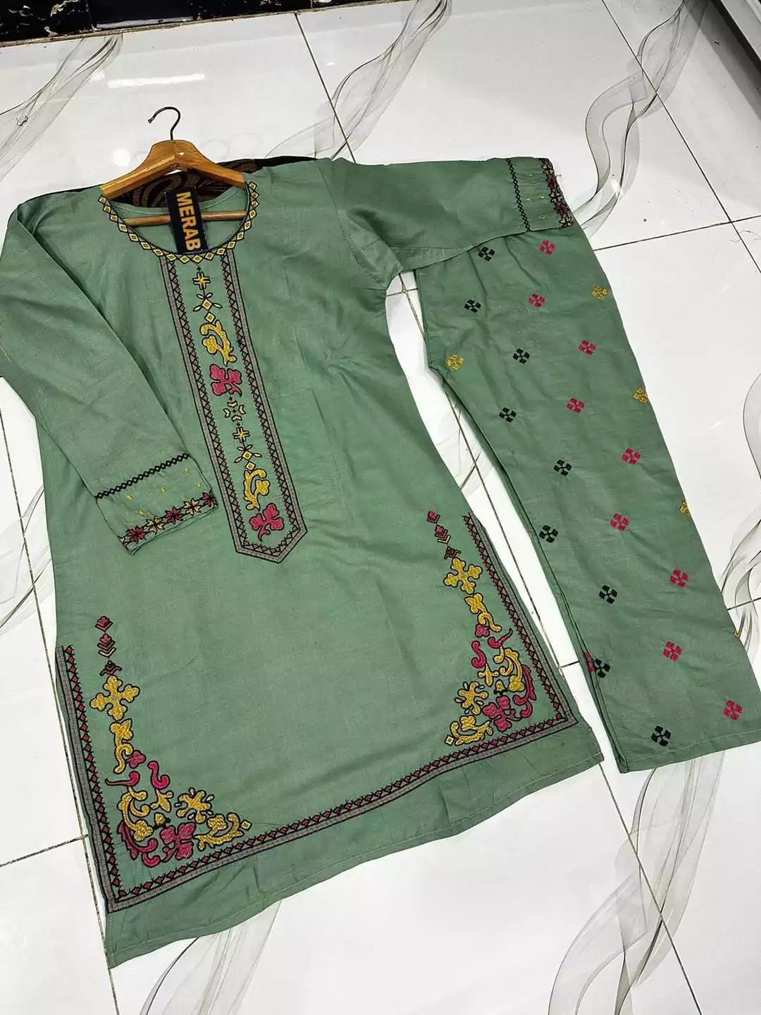 - 2 Pcs Women's Stitched Cotton Embroidered Shirt And Trouser VV578