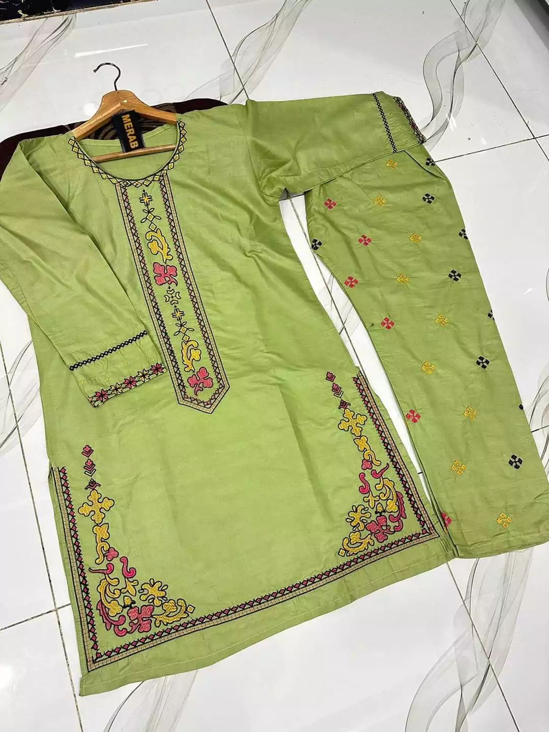  - 2 Pcs Women's Stitched Cotton Embroidered Shirt And Trouser VV579