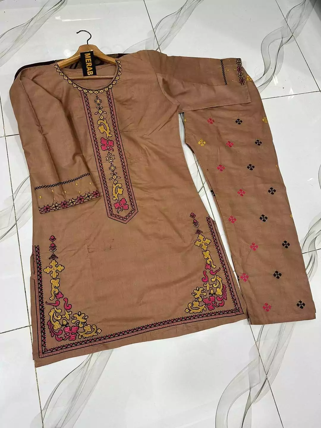  - 2 Pcs Women's Stitched Cotton Embroidered Shirt And Trouser VV580