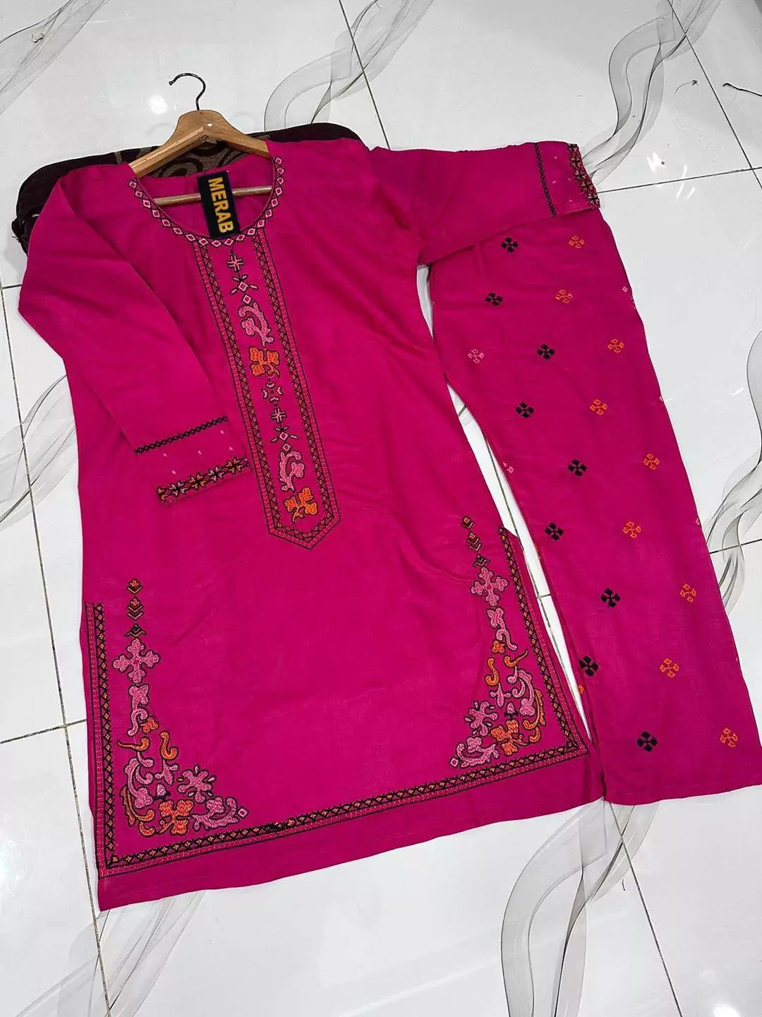  - 2 Pcs Women's Stitched Cotton Embroidered Shirt And Trouser VV581