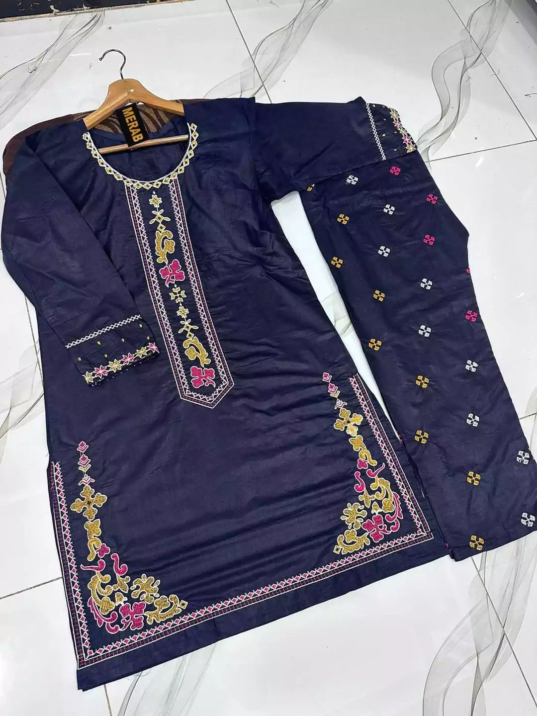  - 2 Pcs Women's Stitched Cotton Embroidered Shirt And Trouser VV582