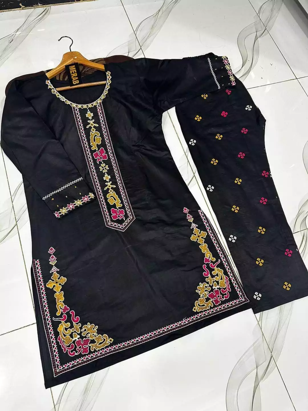  - 2 Pcs Women's Stitched Cotton Embroidered Shirt And Trouser VV585