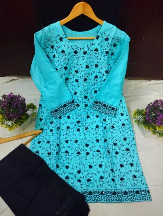 women stitched suits - 2 Pcs Women's Stitched Cotton Sequins Embroidered Shirt And Trouser VV559