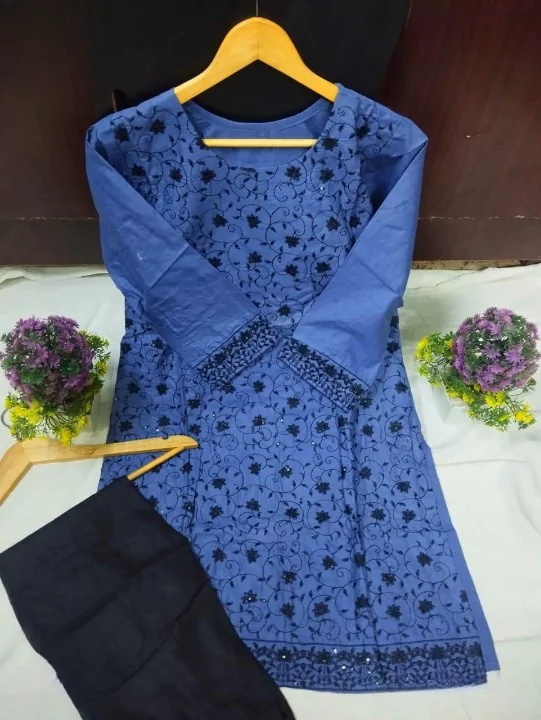 women stitched suits - 2 Pcs Women's Stitched Cotton Sequins Embroidered Shirt And Trouser VV560