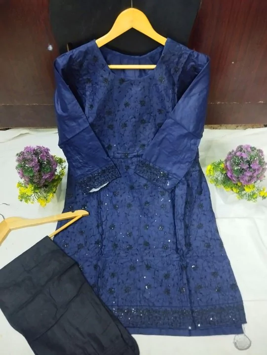 women stitched suits - 2 Pcs Women's Stitched Cotton Sequins Embroidered Shirt And Trouser VV561