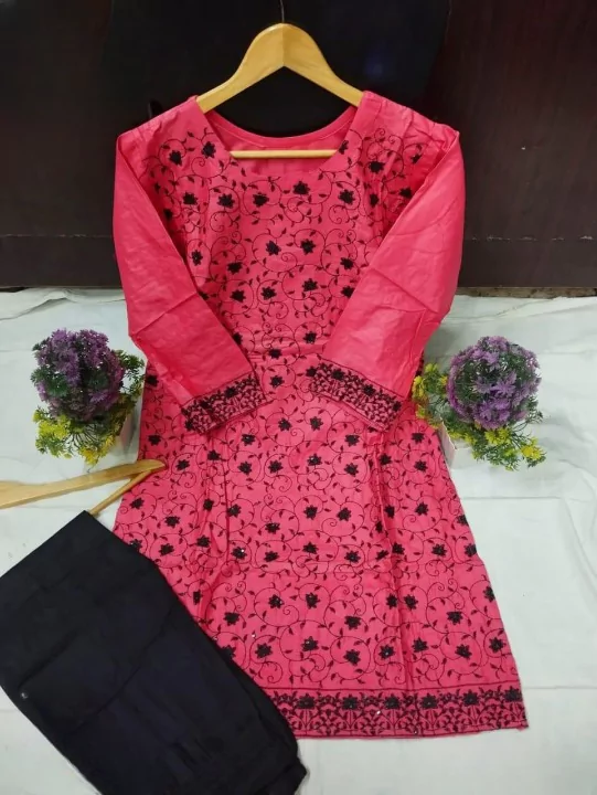 women stitched suits - 2 Pcs Women's Stitched Cotton Sequins Embroidered Shirt And Trouser VV562