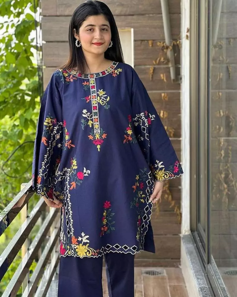 2 Pcs Women s Stitched Khaadi Net Embroidered Suit Shirt And