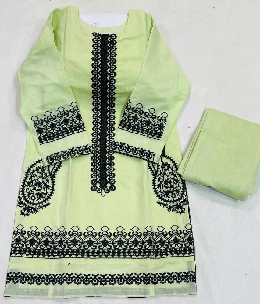 women stitched suits - 2 Pcs Women's Stitched Paper Cotton Embroidered Shirt And Trouser VV563
