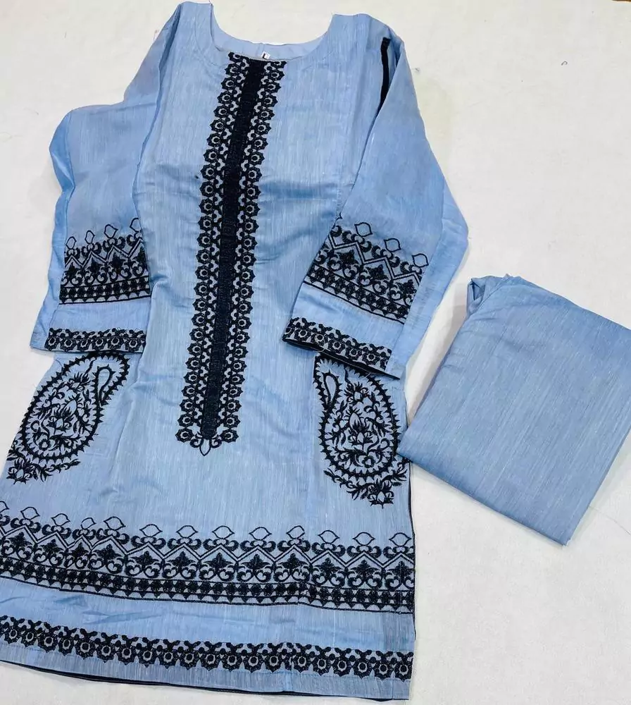 women stitched suits - 2 Pcs Women's Stitched Paper Cotton Embroidered Shirt And Trouser VV565