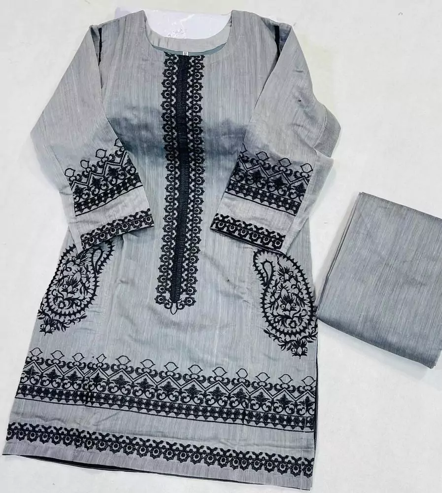 women stitched suits - 2 Pcs Women's Stitched Paper Cotton Embroidered Shirt And Trouser VV566