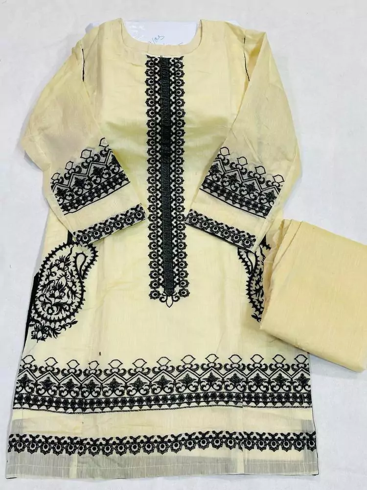 women stitched suits - 2 Pcs Women's Stitched Paper Cotton Embroidered Shirt And Trouser VV567