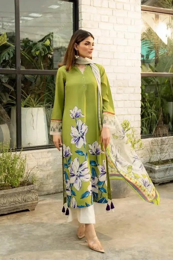 women stitched suits - 2 Pcs Women's Stitched Silk Printed Shirt And Trouser VW81