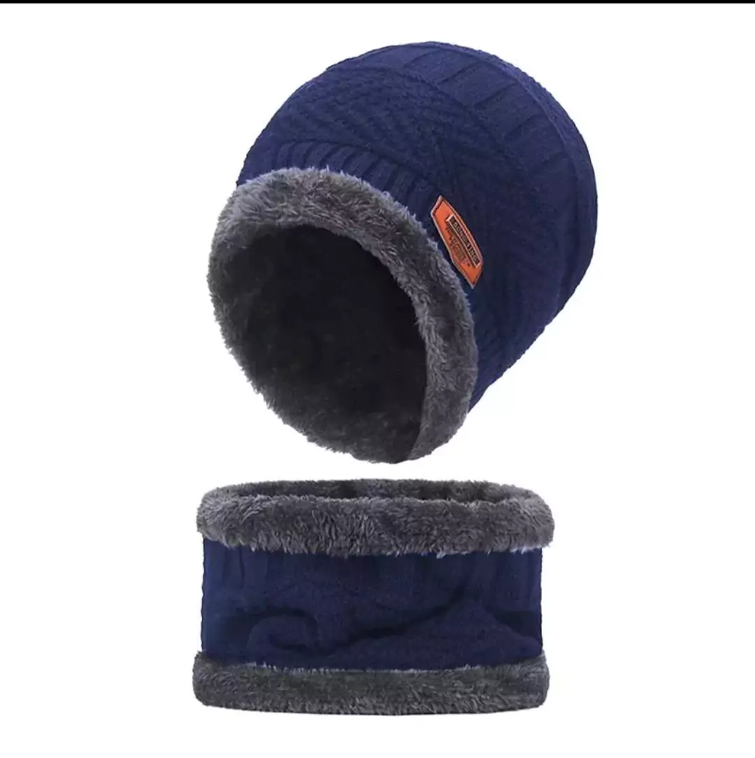 2 Pcs Wool Textured Beanie And Neck Wamer Blue