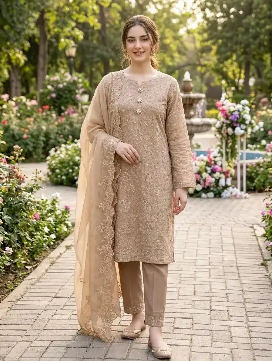 3 Pcs Beige Embroidered Kurta Set for Women