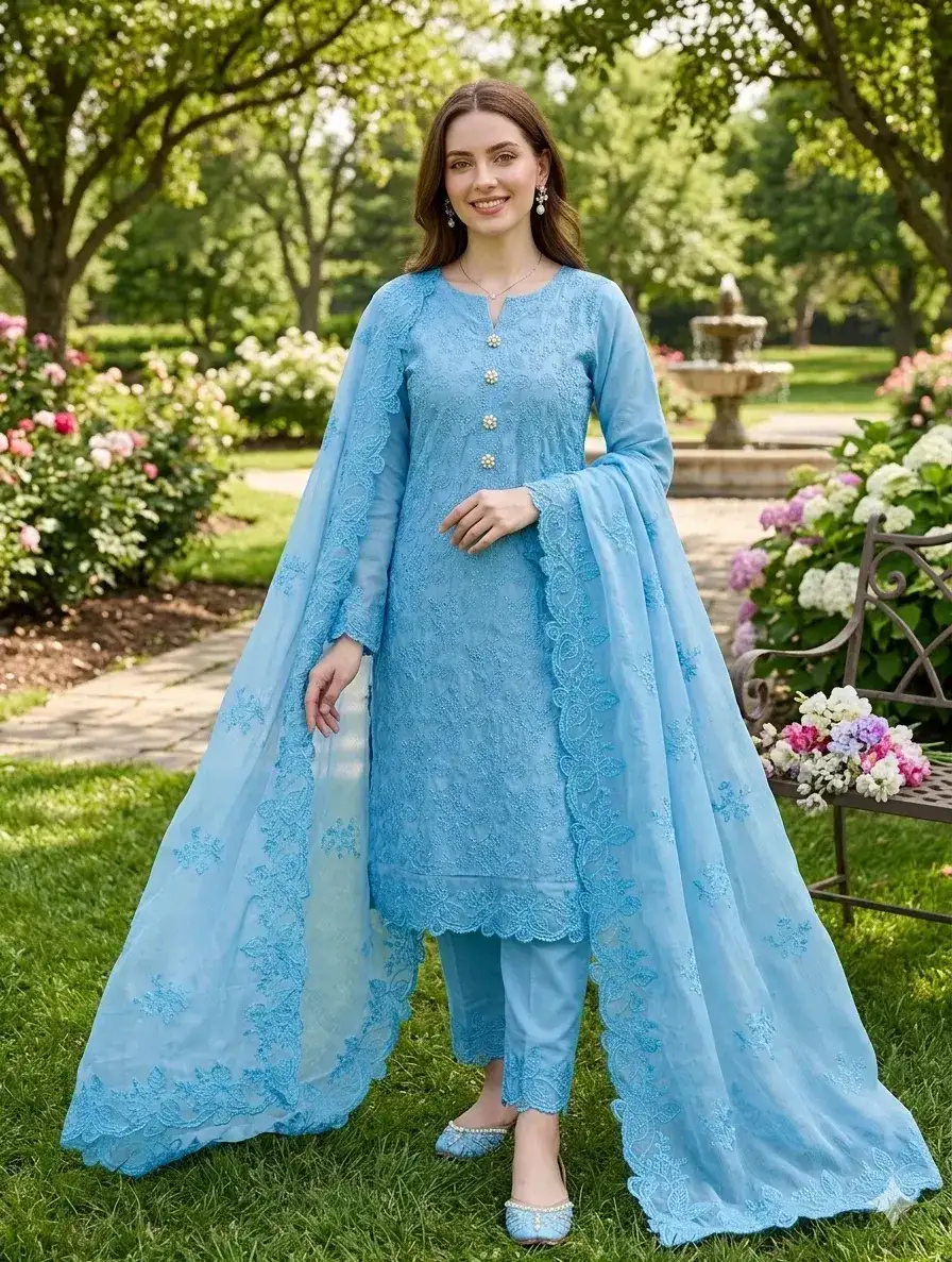 3 Pcs Blue Embroidered Anarkali Suit with Chiffon Dupatta