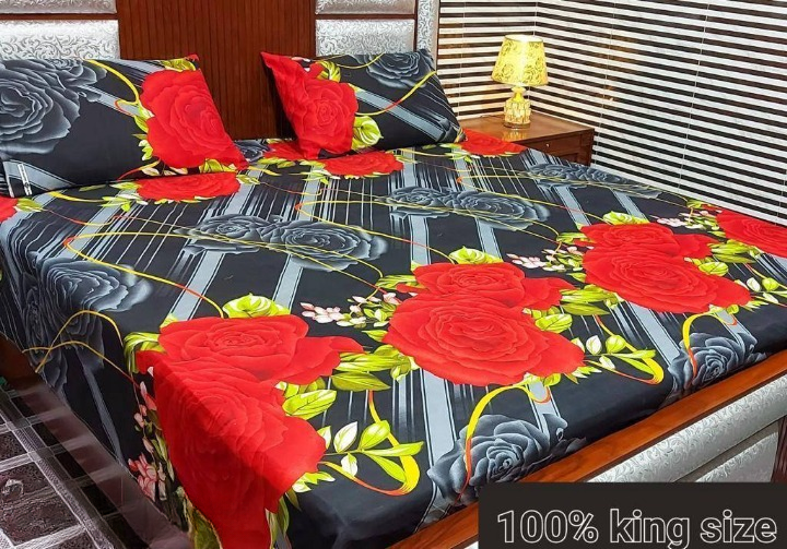 3 Pcs Cotton Printed Double Bed Sheet