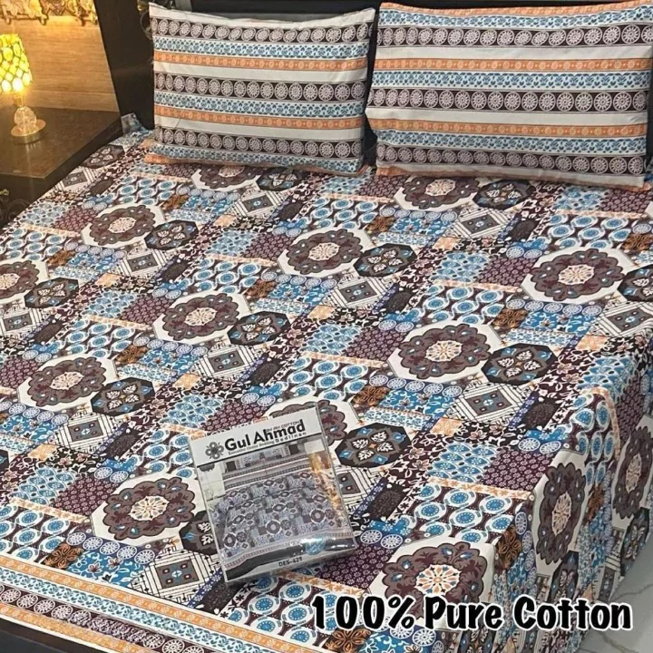 3 Pcs Cotton Printed Double Bed Sheet