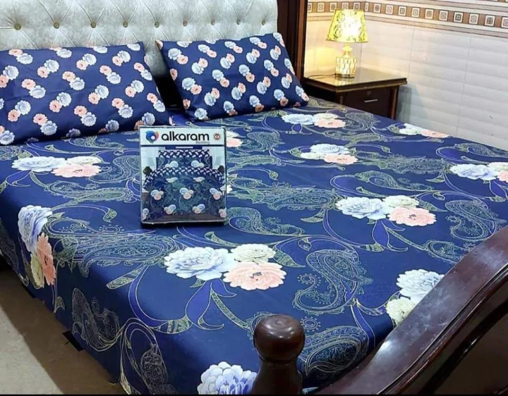 3 Pcs Cotton Printed Double Bed Sheet