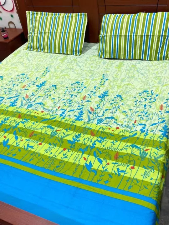 bed sheets - 3 Pcs Cotton Printed King Size Double Bedsheet
